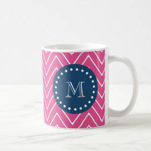 Navy Blue, Hot Pink Chevron Pattern, Your Monogram Coffee Mug