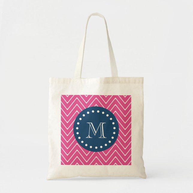 Navy Blue, Hot Pink Chevron Pattern, Your Monogram Tote Bag (Front)