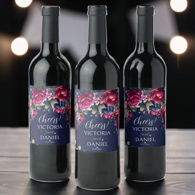Navy blue hot pink roses personalised wedding wine label (Navy blue hot pink roses personalized wedding wine label)