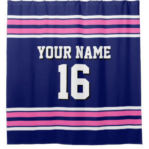 Navy Blue Hot Pink White Stripes Sports Jersey Shower Curtain