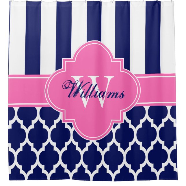 Navy Blue Hot Pink XL Moroccan #4 Stripe CB1INR Shower Curtain (Front)