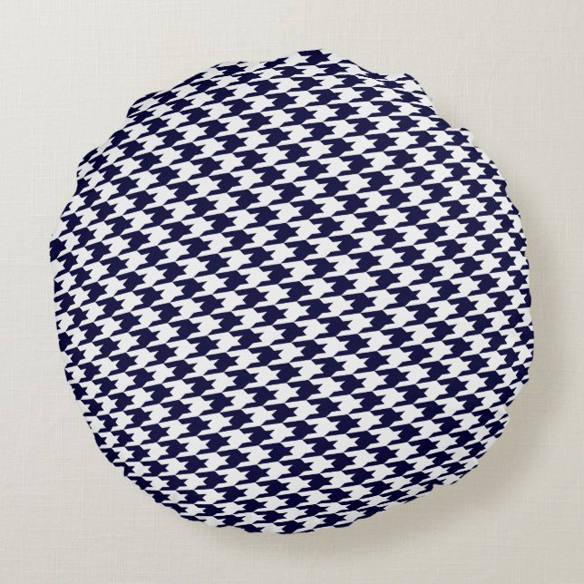 Navy Blue Houndstooth Pattern Round Pillow (Back)