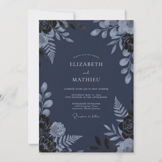 Navy Blue Hushed Winter Wedding Invitation (Front)