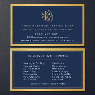 Navy Blue HVAC Company QR Code Gold Metallic Business Card
