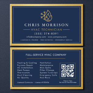 Navy Blue HVAC Contractor QR Code Gold Metallic Business Card