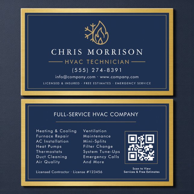 Navy Blue HVAC Contractor QR Code Gold Metallic Business Card (Creator Uploaded)