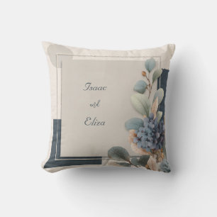 Navy Blue Hydrangea and Geometric Taupe Modern Cushion