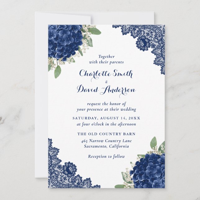 Navy Blue Hydrangea Floral Lace Wedding Invitation (Front)