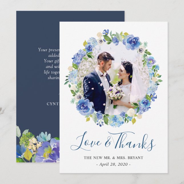 Navy Blue Hydrangea Floral Wreath Photo Thank You (Front/Back)