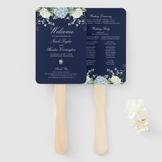 Navy Blue Hydrangea Wedding Ceremony Program Hand Fan (Front and Back)