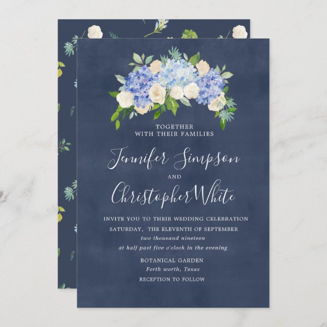 Navy Blue Hydrangea Wedding Invitation Cards (Front/Back)