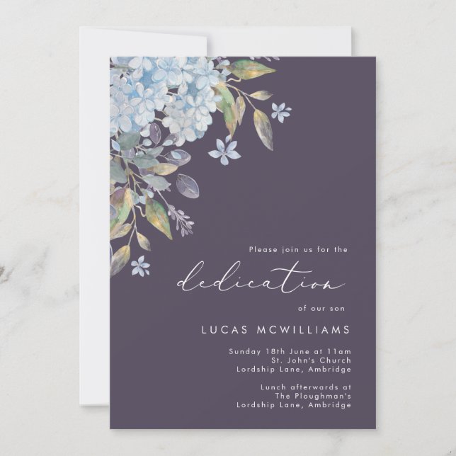 Navy Blue Hydrangeas Baby Dedication Invitation (Front)