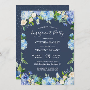 Navy Blue Hydrangeas Floral Engagement Party Invitation