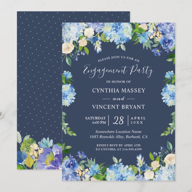 Navy Blue Hydrangeas Floral Engagement Party Invitation (Front/Back)