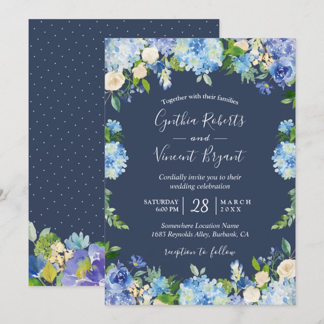 Navy Blue Hydrangeas Floral Romantic Wedding Invitation (Front/Back)