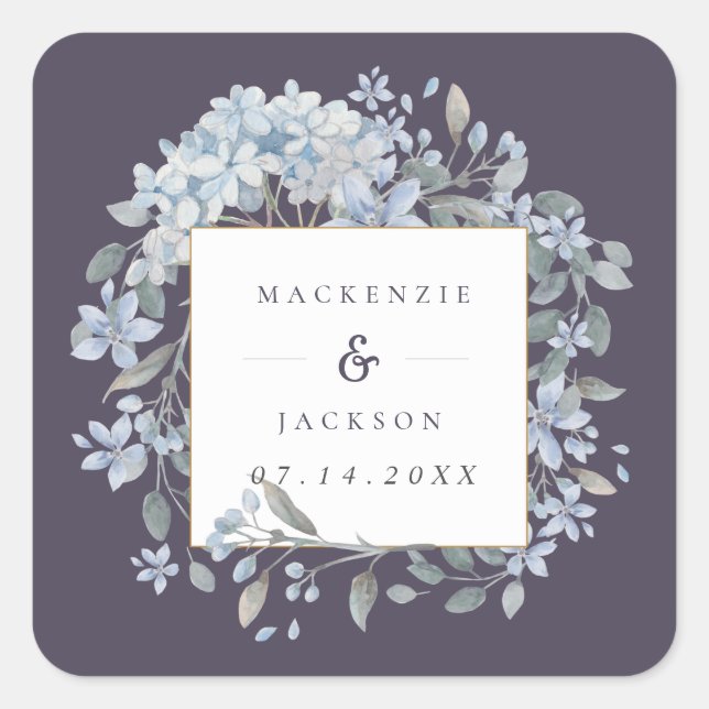 Navy & Blue Hydrangeas Frame Watercolor Wedding Square Sticker (Front)