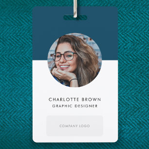 Navy Blue ID Card   Modern Photo Name Logo QR ID Badge