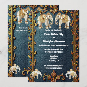 Navy blue Indian elephants Hindi luxurious paisley Invitation