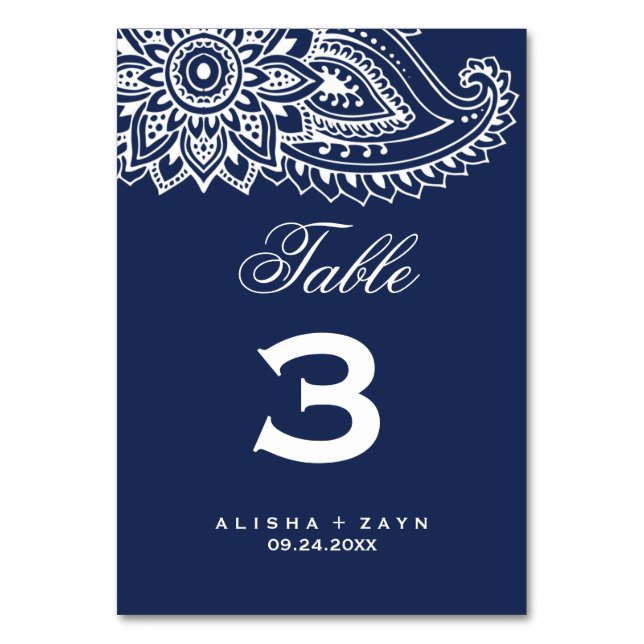 Navy Blue Indian Paisley Table Number (Front)
