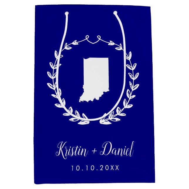 Navy Blue Indiana Map Wedding Welcome Swag Medium Gift Bag (Front)