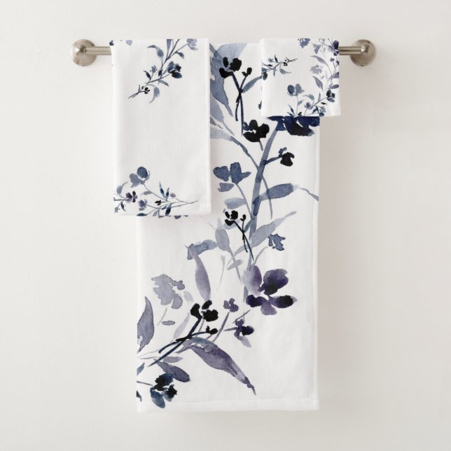Navy blue indigo floral flower watercolor Towel (Insitu)