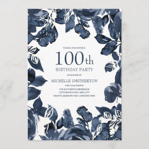 Navy Blue Indigo Leaves 100th Birthday Invitation
