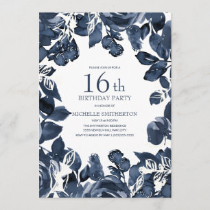 Navy Blue Indigo Leaves 16th Birthday Invitation