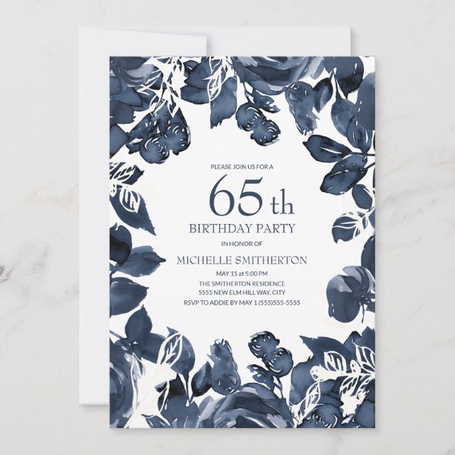 Navy Blue Indigo Leaves 65th Birthday Invitation (Front)
