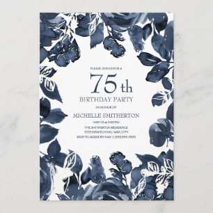Navy Blue Indigo Leaves 75th Birthday Invitation