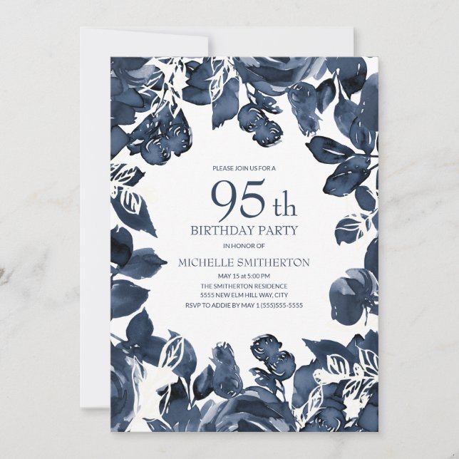 Navy Blue Indigo Leaves 95th Birthday Invitation (Front)