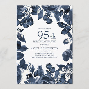 Navy Blue Indigo Leaves 95th Birthday Invitation