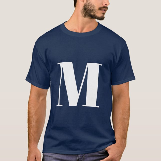 Navy Blue Initial Letter Monogram Modern Stylish T-Shirt (Front)