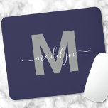 Navy Blue Initial Name Monogram Mouse Mat<br><div class="desc">Personalised Elegant Modern Navy Blue and White Script Initial Monogram Mouse Pad. Add a touch of sophistication to your workspace with this chic mouse pad. It features a sleek grey initial centred on a rich navy blue background, complemented by a clean and modern design. Combining elegance with practicality, this mouse...</div>