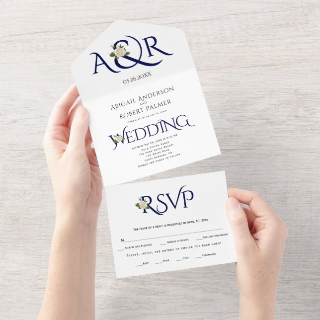 Navy blue initials and ampersand, rose wedding   all in one invitation (Tearaway)