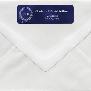 Navy blue initials wreath wedding return address