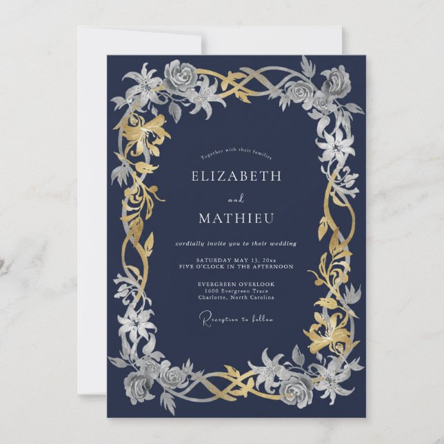 Navy Blue Intricate Winter Wedding Invitation (Front)