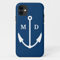 Navy blue iPhone case with boat anchor monogram