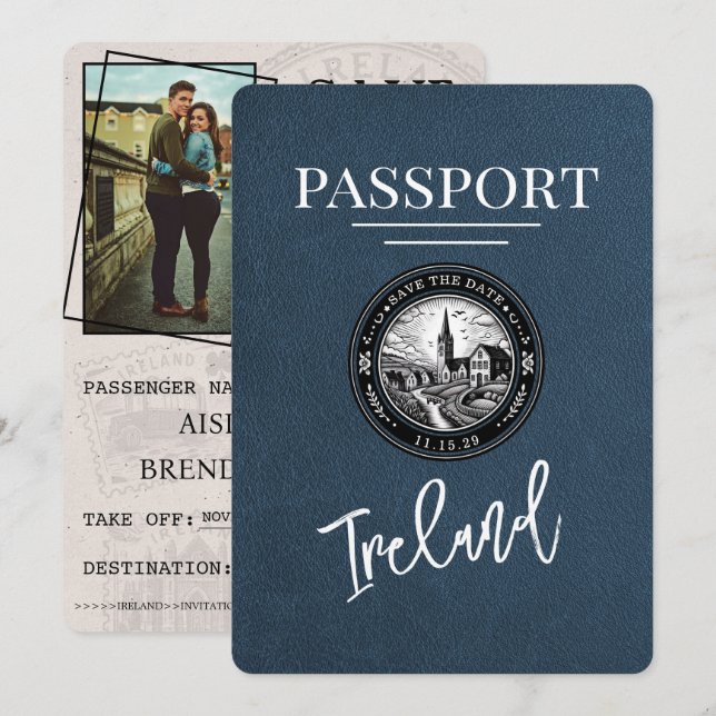 Navy Blue Ireland Passport Save The Date (Front/Back)