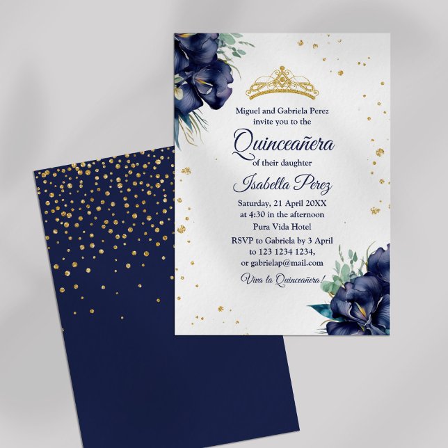  Navy Blue Iris and Glitter Tiara Quinceanera Invitation (Navy Blue Iris and Glitter Tiara Quinceanera Invitation on off-white background.)