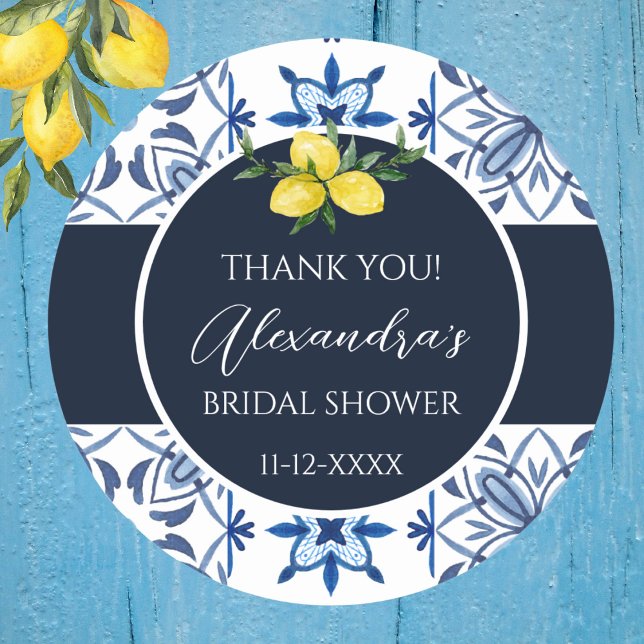 Navy Blue Italian Lemon Bridal Shower Thank You Classic Round Sticker (Creator Uploaded)