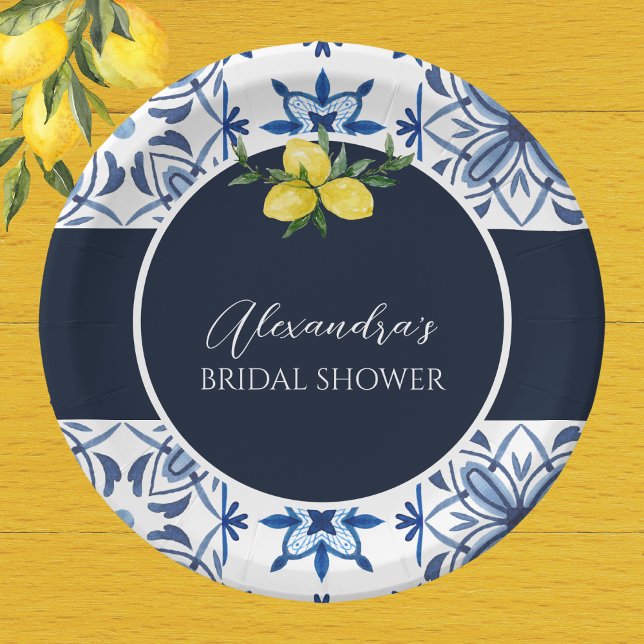 Navy Blue Italian Yellow Lemon Bridal Shower Paper Paper Plate (Creator Uploaded)