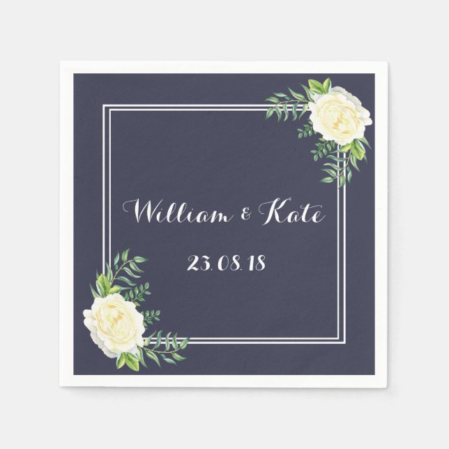 Navy blue Ivory Chic Rose wedding napkins (Front)