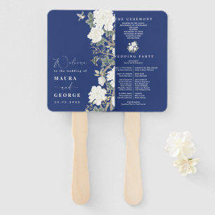 Navy Blue Ivory Chinoiserie Wedding Program Hand Fan