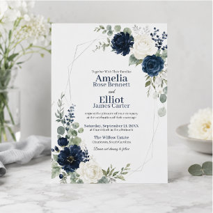 Navy Blue Ivory Floral Geometric Wedding Invitation