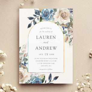 Navy Blue Ivory Floral Gold Arch Wedding Invitation
