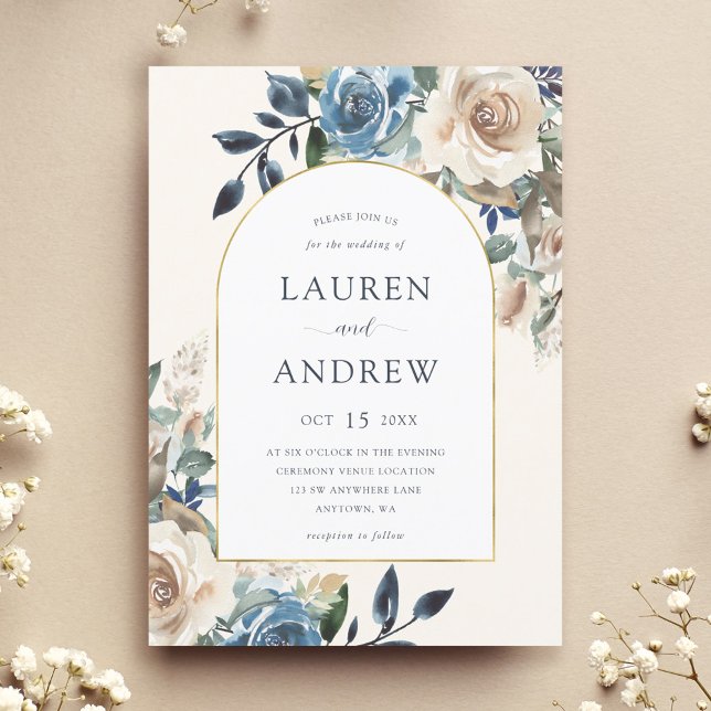 Navy Blue Ivory Floral Gold Arch Wedding Invitation (Creator Uploaded)