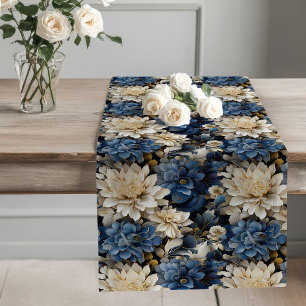 Navy blue ivory floral stylish elegant dining   long table runner