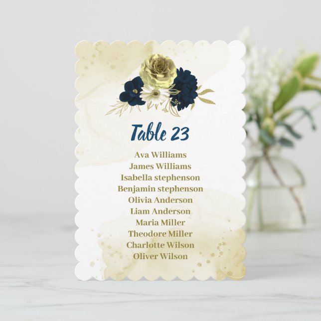 Navy blue ivory flowers gold seating chart card (Standing Front)