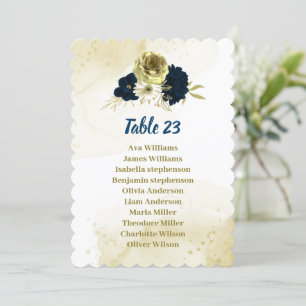 Navy blue ivory flowers gold seating chart card