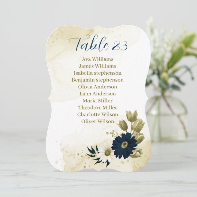 Navy blue ivory flowers gold seating chart card (Standing Front)